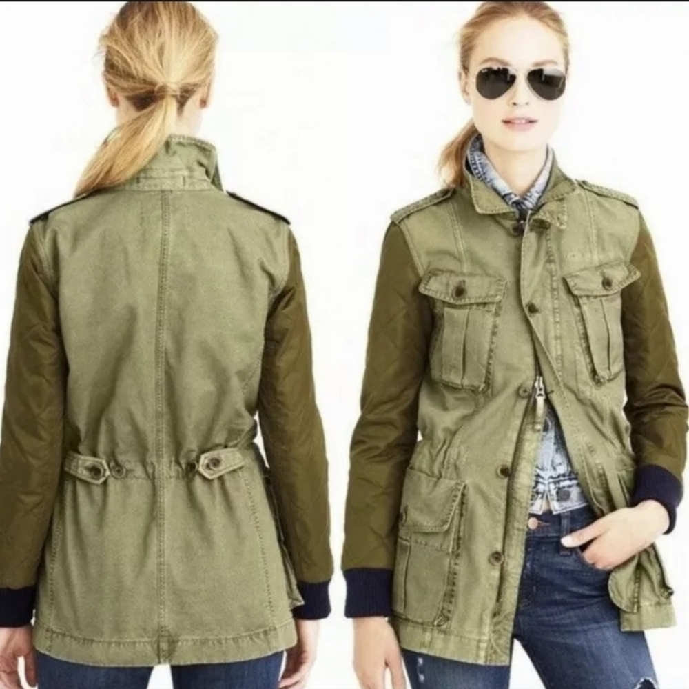 J Crew Jacket Military Green Quilt Sleeves size small